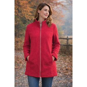 Lands End Boiled Wool Coat Womens 12 Red Zip Jacket Lined Winter
